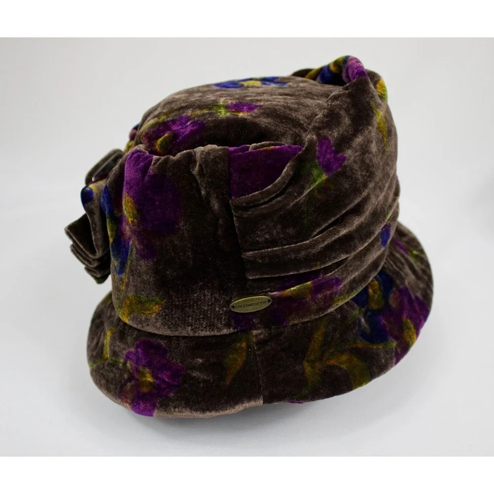 Vintage Liz Claiborne Brown Floral Velvet Bucket Hat w Bow OS Grannycore‎